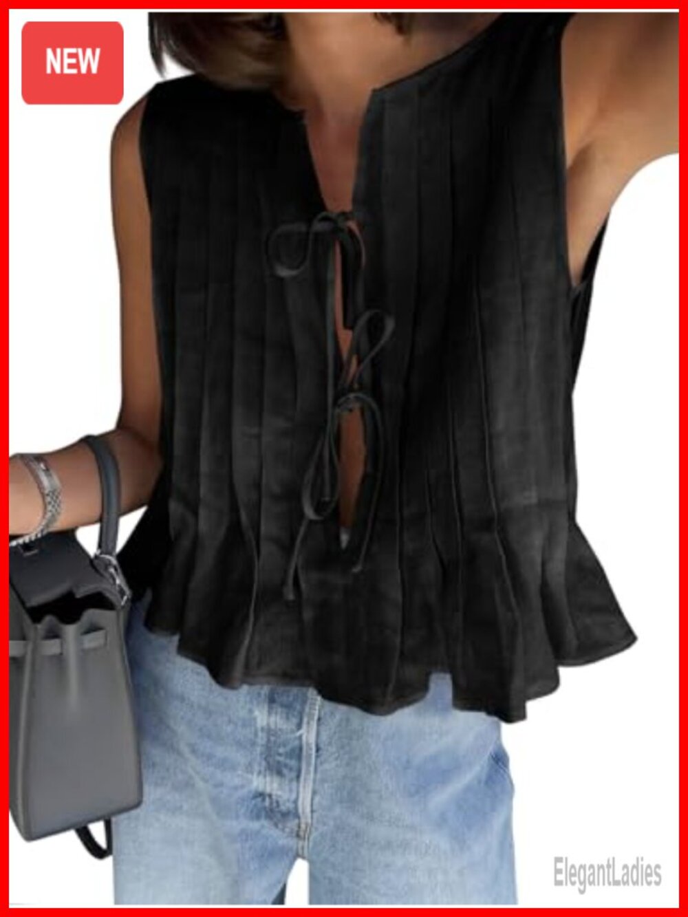 Women's Bow Front Tie Tank Top Pleated Ruffle Hem Babydoll Sleeveless Peplum